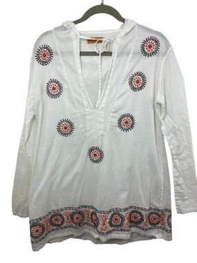 Roberta Freymann Women's Tunic Coverup V Neck White Embroidered Large Resort 90s